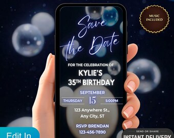 Digital Invitation Milestone Birthday Video, Save the Date Evite, Blue Elegant Party Text Invite, Animated Birthday