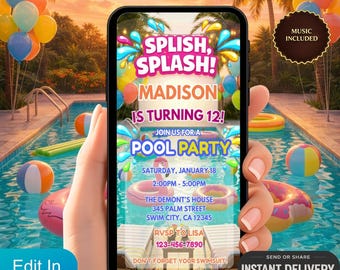 Digitale uitnodiging poolpartyvideo, verjaardagsfeestje meisje, splash verjaardagstekst uitnodiging, geanimeerde sjabloon zomerzwembadfeest