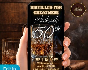 Videoinbjudan till 50-årsdag för män, animerad Whiskey Bourbon Evite, textinbjudan med 50 års åldrande till perfektion
