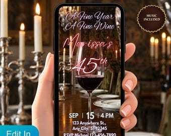45th Birthday Video Invitation for Her, Animated Red Wine Evite, A Fine Year A Fine Wine 45 Text Invite