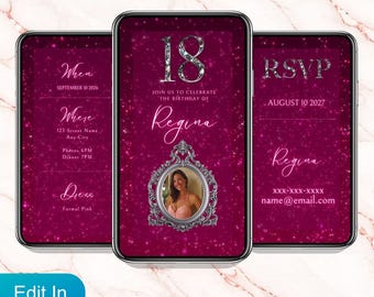 Pink Glam 18th Birthday Video Invitation, Barbiecore Animated Canva Template, Editable Digital Party Invite