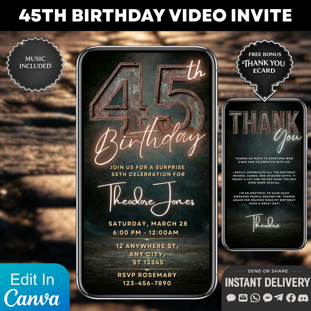 Digital Invitation 45th Birthday Video Invite, Industrial Milestone ...