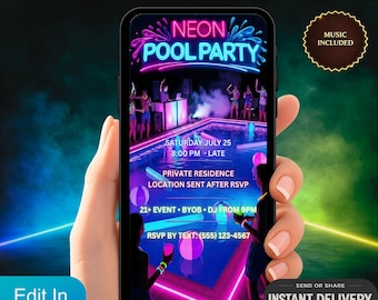Digitale uitnodiging neon video poolparty, 21e verjaardag Evite, Glow Party SMS-bericht uitnodigen, geanimeerde nacht Pool Bash