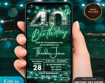 Digital inbjudan till 40-årsdag, animerad videoinbjudan, 40-årsfestinbjudan, mall för grönt neontextmeddelande