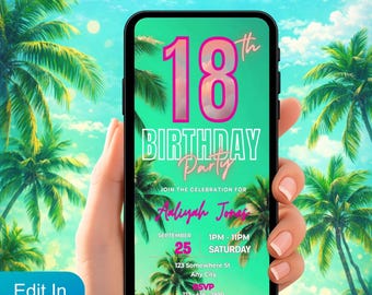 Convite em vídeo para festa de 18 anos, palmeira neon, festa em Miami (modelo do Canva)