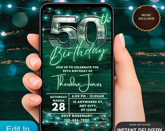 Digital inbjudan till 50-årsdag, animerad videoinbjudan, 50-årsfest, mall för textmeddelande i grönt neon