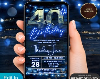 Digital inbjudan till 40-årsdag, animerad videoinbjudan, 40-årsfestinbjudan, mall för blått neontextmeddelande