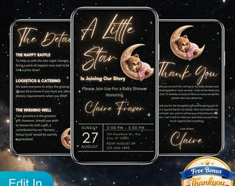 Digital babyshowerinbjudningsvideo för flicka, Twinkle Little Star Nallebjörn Månen Evite, Celestial Girl Shower-textinbjudan