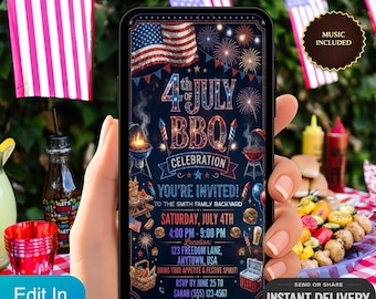 Digital inbjudan till 4 juli BBQ-fest med animering, patriotiskt bröllop, videoinbjudan till självständighetsdagen, textmeddelandeinbjudan