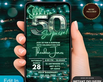 Digital inbjudan, överraskningsinbjudan för 50-årsdag, animerad videoinbjudan, 50-årsfest, grön neon textmeddelande