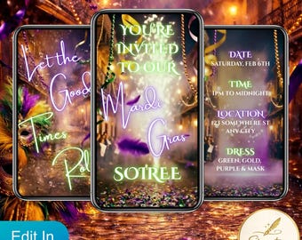 Animated Mardi Gras Video Invitation, Masquerade Party Evite (Canva Template Digital Download)