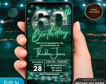 Digitale uitnodiging 60e verjaardag geanimeerde video-uitnodiging, 60e Evite, groen neon tekstbericht sjabloon uitnodiging feest