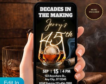 Videoinbjudan till 45-årsdag för män, animerad whisky bourbon evite, 45 år lagrad till perfektion
