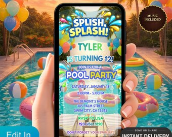 Digitale uitnodiging poolpartyvideo, verjaardagsfeestje jongen, splash verjaardagstekst uitnodiging, geanimeerde sjabloon zomerzwembadfeest