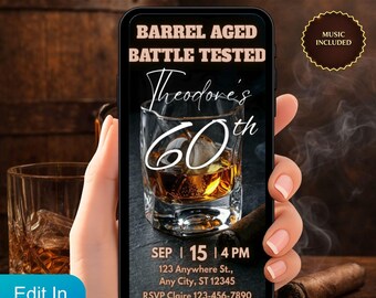 Videoinbjudan till 60-årsdag för män, animerad Whiskey Bourbon Evite, fatlagrad Battle Tested 60-textinbjudan