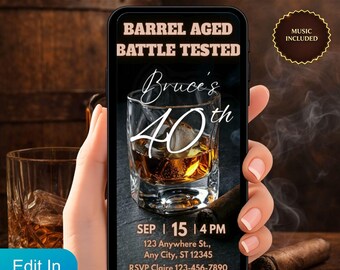 Inbjudningsvideo till 40-årsdag för män, animerad Bourbon Whiskey Evite, textinbjudan med lagrad text och testad text