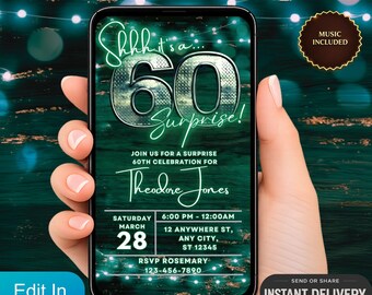 Digital inbjudan, överraskningsinbjudan för 60-årsdag, animerad videoinbjudan, 60-årsfest, grön neon textmeddelande
