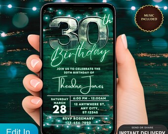 Digital inbjudan, animerad videoinbjudan för 30-årsdag, 30-årsfest, mall för grönt neontextmeddelande
