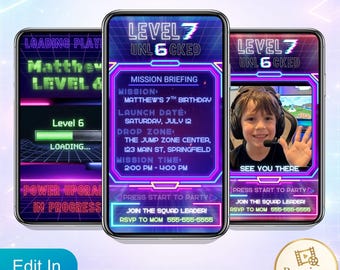 Inbjudningsvideo för Level Up 6-7-årsdag, animerad Canva-mall för spelarkadfest