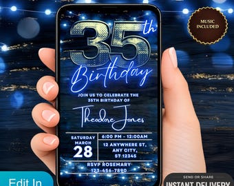 Digital inbjudan, animerad videoinbjudan för 35-årsdag, 35-årsfest, mall för blå neontextmeddelanden