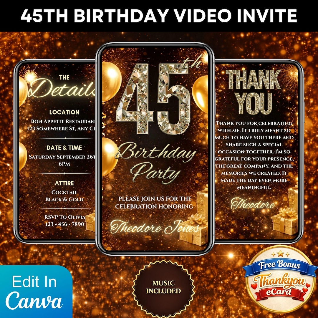 45th Birthday Video Invitation, Animated Black Gold Evite, Sparkle ...