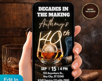 Inbjudningsvideo till 40-årsdag för män, animerad Bourbon Whiskey Evite, textinbjudan till 40 år under tillverkning