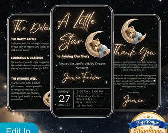 Digital Baby Shower Invitation Video for Boy, Twinkle Little Star Teddy Bear Moon Evite, Celestial Boy Shower Text Invite
