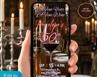 Videoinbjudan till 50-årsdag för henne, animerad rödvins-Evite, textinbjudan till A Fine Year A Fine Wine 50
