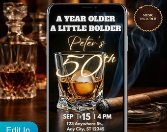 Videoinbjudan till 50-årsdag för män, animerad Whiskey Bourbon Evite, fetstilad textinbjudan till 50-årsdagen