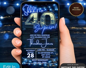Digital inbjudan, överraskningsinbjudan till 40-årsdag, animerad videoinbjudan, 40-årsfestinbjudan, mall för textmeddelande
