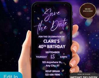 Digital Invitation Milestone Birthday Video, Save the Date Evite, Purple Glam Party Text Invite, Animated Birthday
