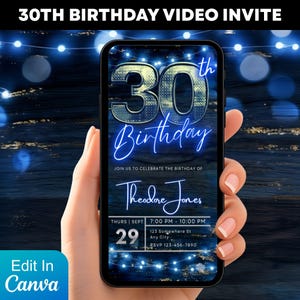 May include: A smartphone displays a 30th birthday video invite. The design features a blue and silver color scheme with the text "30th Birthday" and event details. The invite includes the name "Theodore Jones" and RSVP information.