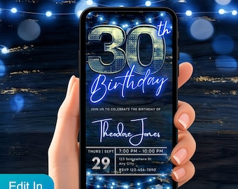 Digital inbjudan till herr 30-årsdag, midnattsblå videoinbjudan, rustikt animerat e-kort med ljusslingor, middagspresent till trädgården