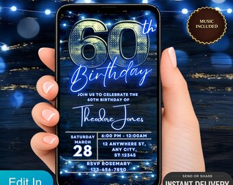 Digital inbjudan till 60-årsdag, animerad videoinbjudan, 60-årsfestinbjudan, mall för blått neontextmeddelande