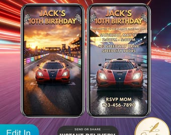 Digital Invitation Race Car Birthday Video, Kids Racing Party Evite, Fast Car Theme Invite, Editable Canva Text Message Invite