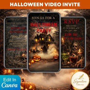 May include: Three smartphone screens displaying Halloween party invitations. The central screen reads "Join us for a Halloween Party" with a haunted house graphic. The other screens show event details and RSVP information. The image includes pumpkins and candles.