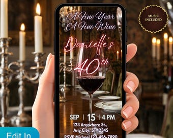 Videoinbjudan till henne med 40-årsdag, animerad rödvins-Evete, textinbjudan med texten "A Fine Year A Fine Wine"