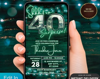 Invito digitale a sorpresa per il 40° compleanno, invito video animato, invito per il 40° compleanno, invito per la festa con messaggio di testo al neon verde