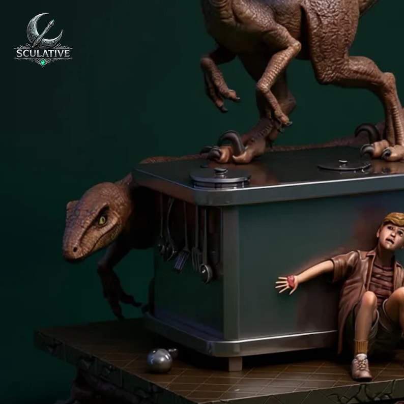 Cinematic dinosaur diorama kitchen scene digital 3D model