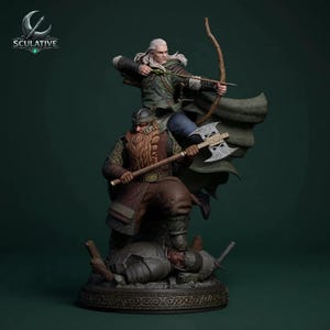 May include: A detailed figurine depicting two characters from a fantasy setting. One figure is aiming a bow and arrow, while the other wields an axe. The base features a fallen figure. The color palette includes greens, browns, and grays.