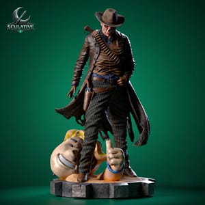 May include: A detailed figurine of a cowboy character wearing a brown hat, a long brown coat, and a dark pinstriped vest and trousers. The figure stands over a large, yellow, cartoonish head with a thumbs-up gesture on a circular base.