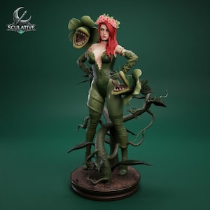 May include: A detailed figurine of a character with vibrant red hair, a pink floral crown, and a green textured bodysuit. The figure is surrounded by large, toothy green carnivorous plants and winding vines, standing on a circular brown base.