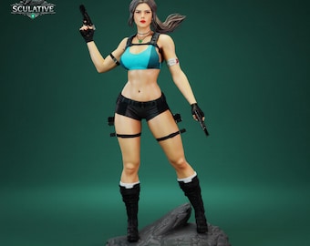 冒険探検家女性 STL ファイル | 二丁拳銃トレジャーハンター像 | 3D プリント可能なフィギュア | レジンプリンターモデル |
