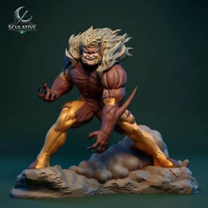 May include: A detailed figurine of a muscular character in a dynamic pose. The figure has a fierce expression, with a brown and gold color scheme. The character is posed on a rocky base, with the word "SCULATIVE" and a logo in the upper left corner.