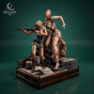 May include: A detailed statue featuring two figures from a video game. One figure is holding a shotgun, while the other is a nurse with a mask. The base has a brick wall and a medical box. The statue is on a wooden base.