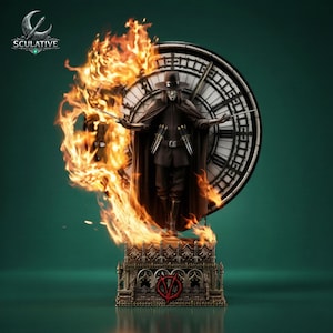 May include: A detailed statue of a figure in a black hat and cape, holding knives, with a clock face in the background. Flames surround the figure, and the base features a decorative design with the letter "V". The logo "Sculative" is in the upper left corner.