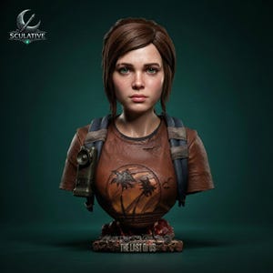 May include: A detailed bust of a young person with brown hair and green eyes, wearing a brown t-shirt with a palm tree graphic and a backpack. The base features the text The Last of Us, and the top left corner displays the logo for SCULATIVE.