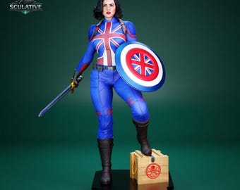 STL-bestand Britse supersoldaatvrouw | Vrouwelijk standbeeld schildheld | 3D-afdrukbaar figuur | Krijgermodel in komische stijl |