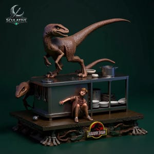 May include: A detailed sculpture featuring two brown Velociraptors and a boy in a brown shirt, set on a kitchen counter. The sculpture includes the "Jurassic Park" logo and the "Sculative" logo. The background is a dark green.
