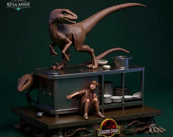 Escena de persecución en la cocina de dinosaurios: Diorama icónico de película, archivos STL para impresión 3D